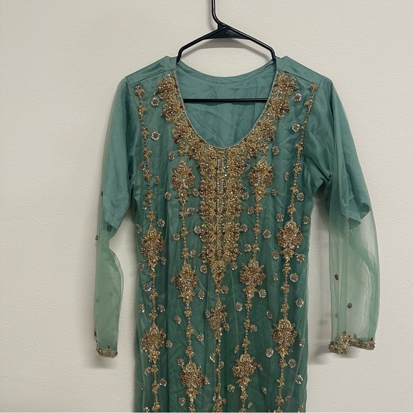 Mint Green and Gold Three-Piece Salwar Kameez Heavy Stonework| Size Approx Large - Picture 7 of 14